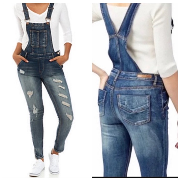 Dollhouse Distressed Denim Skinny Overalls - Picture 1 of 8